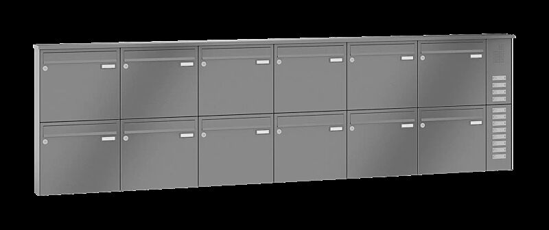 Briefkastenanlage RAGUSA mit 12 Briefkästen, Aufputzanlage, mit Sprech- und Klingelfach, Stahlteile in RAL 9007 graualuminium