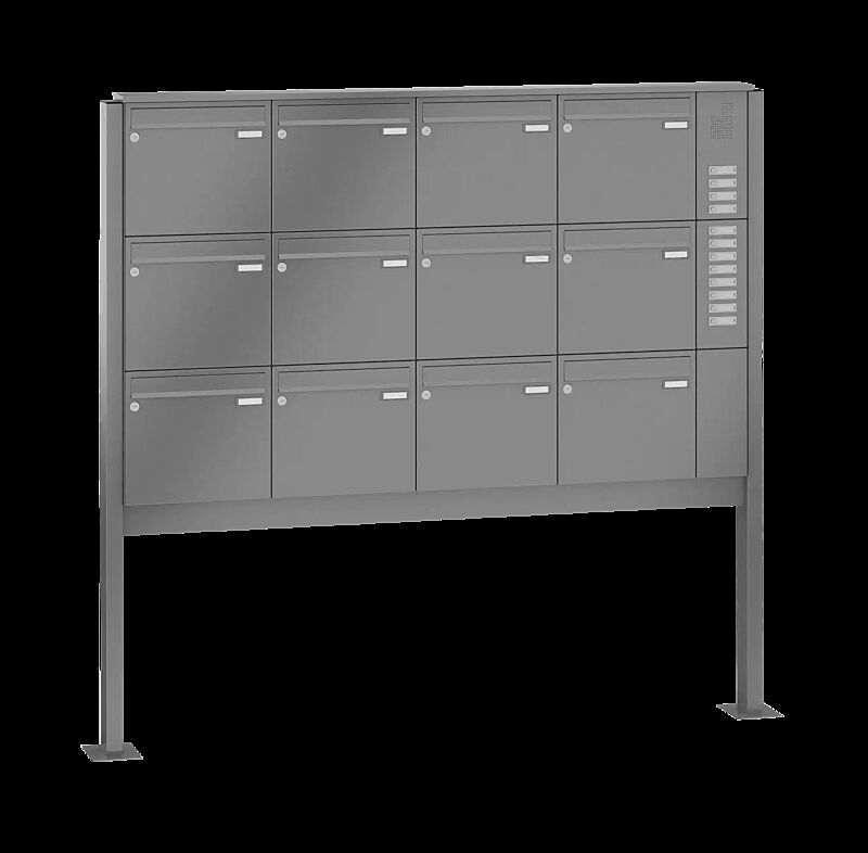Briefkastenanlage RAGUSA mit 12 Briefkästen, zum Aufdübeln, mit Sprech- und Klingelfach, Stahlteile in RAL 9007 graualuminium