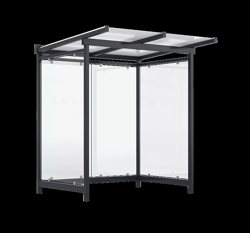 Wartehalle FORNAX, Dachbreite x Dachtiefe 2330 mm x 2065 mm, zum Aufdübeln bei -200 mm, Rück- / Seitenwände ESG, Klarglas, Stahlkonstruktion in RAL 7016 anthrazitgrau