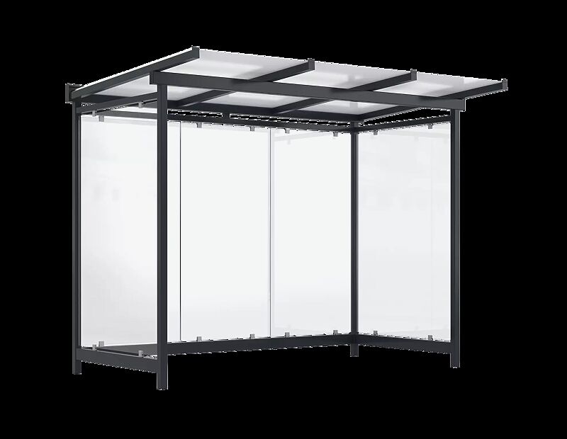 Wartehalle FORNAX, Dachbreite x Dachtiefe 3305 mm x 2065 mm, zum Aufdübeln bei -200 mm, Rück- / Seitenwände ESG, Klarglas, Stahlkonstruktion in RAL 7016 anthrazitgrau