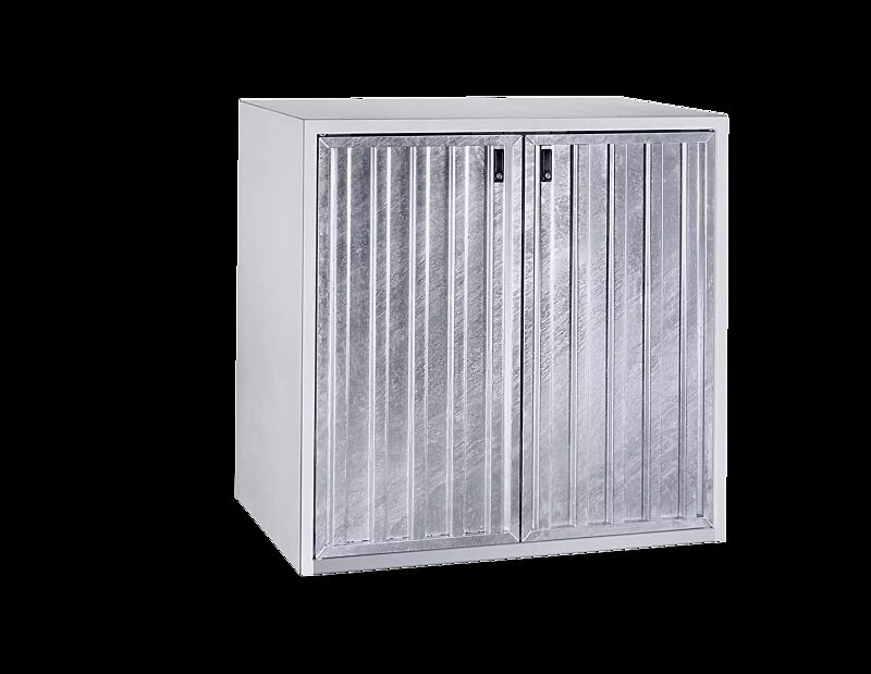 Müllbehälterschrank KENORA, Doppelschrank, Korpus Sichtbeton glatt, Türblatt feuerverzinkt in Trapezprofil