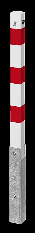 Sperrpfosten GERNIKA NEW zum Einbetonieren, mit Hebe-Kipp-Mechanismus, mit Profilzylinderschloss, in RAL 9010 reinweiß mit roten Reflexstreifen