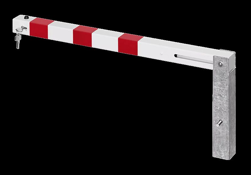 Sperrpfosten GERNIKA NEW zum Einbetonieren, mit Hebe-Kipp-Mechanismus, mit Profilzylinderschloss, in RAL 9010 reinweiß mit roten Reflexstreifen
