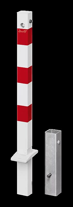 Sperrpfosten GERNIKA NEW zum Einbetonieren, einseitig kippbar und herausnehmbar, mit Dreikantschloss, in RAL 9010 reinweiß mit roten Reflexstreifen