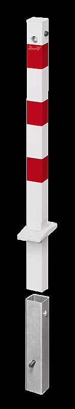 Sperrpfosten GERNIKA NEW zum Einbetonieren, einseitig kippbar und herausnehmbar, mit Dreikantschloss, in RAL 9010 reinweiß mit roten Reflexstreifen