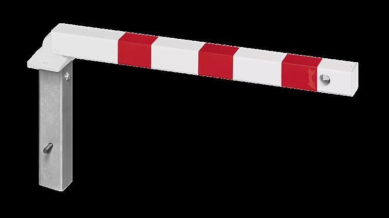 Sperrpfosten GERNIKA NEW zum Einbetonieren, einseitig kippbar und herausnehmbar, mit Dreikantschloss, in RAL 9010 reinweiß mit roten Reflexstreifen