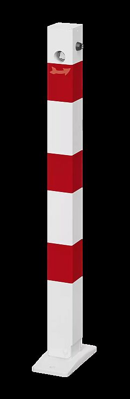 Sperrpfosten GERNIKA NEW zum Aufdübeln, einseitig kippbar, mit Bodenplatte, mit Dreikantschloss, in RAL 9010 reinweiß mit roten Reflexstreifen