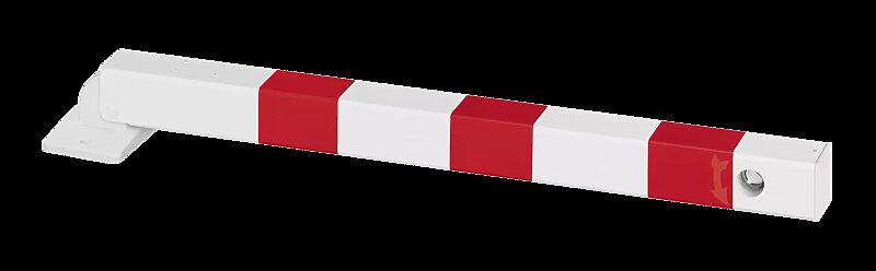 Sperrpfosten GERNIKA NEW zum Aufdübeln, einseitig kippbar, mit Bodenplatte, mit Dreikantschloss, in RAL 9010 reinweiß mit roten Reflexstreifen