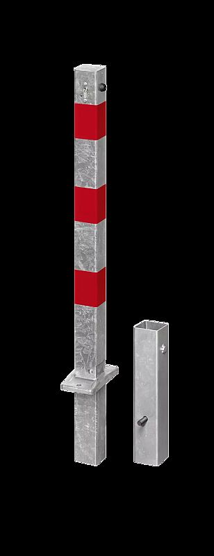 Sperrpfosten GERNIKA NEW zum Einbetonieren, herausnehmbar, kippbar, mit Profilzylinderschloss, feuerverzinkt, mit roten Reflexstreifen