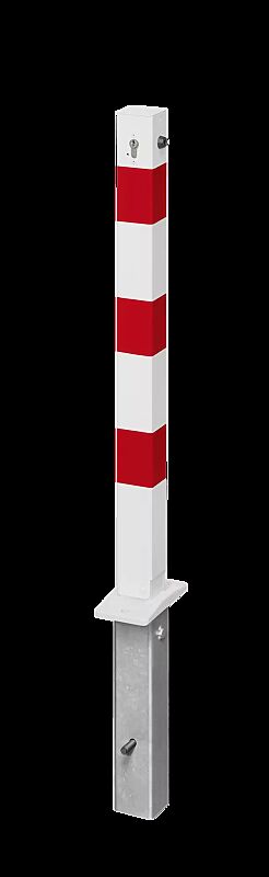 Sperrpfosten GERNIKA NEW zum Einbetonieren, herausnehmbar, kippbar, mit Profilzylinderschloss, in RAL 9010 reinweiß mit roten Reflexstreifen