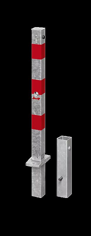 Sperrpfosten GERNIKA NEW zum Einbetonieren, herausnehmbar, kippbar, mit Profilzylinderschloss, feuerverzinkt, mit roten Reflexstreifen