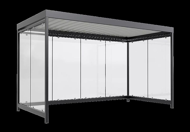 Fahrradüberdachung AQUILA, Dachbreite x Dachtiefe 4195 mm x 2165 mm, zum Aufdübeln bei -200 mm,  Rück- / Seitenwände ESG, Klarglas, Stahlkonstruktion in RAL 7016 anthrazitgrau