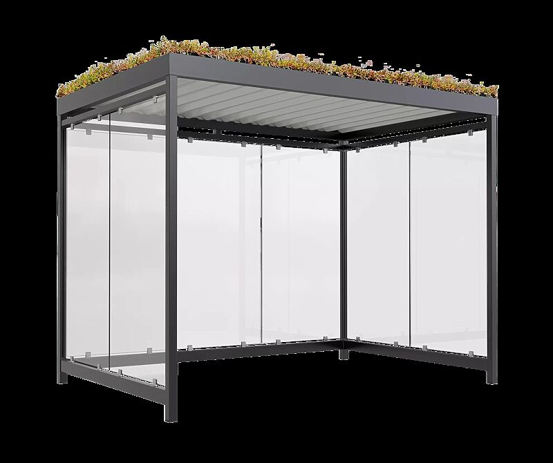 Fahrradüberdachung AQUILA GREEN, Dachbreite x Dachtiefe 3180 mm x 2165 mm, zum Aufdübeln bei -200 mm, Rück- / Seitenwände ESG, Klarglas, Stahlkonstruktion in RAL 7016 anthrazitgrau