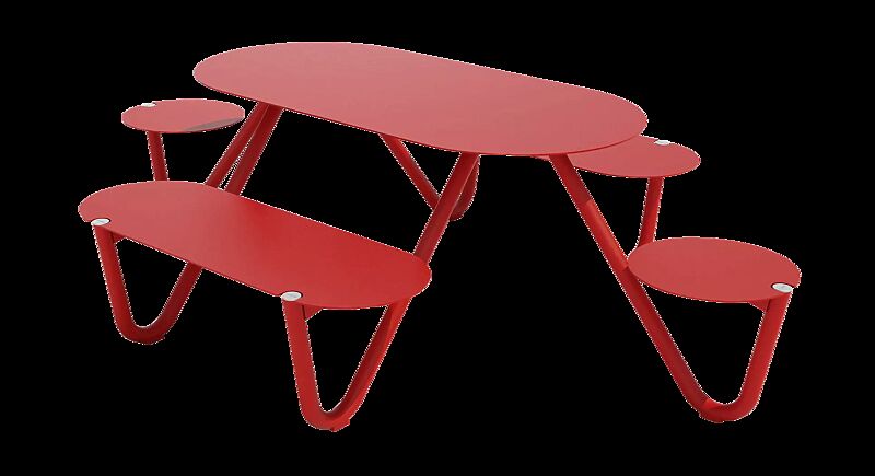 Bank-Tisch-Kombination ORBIT mit ovalem Tisch, 6-Sitzer, Aluminium-Auflage und Stahlteile in RAL 3020 verkehrsrot