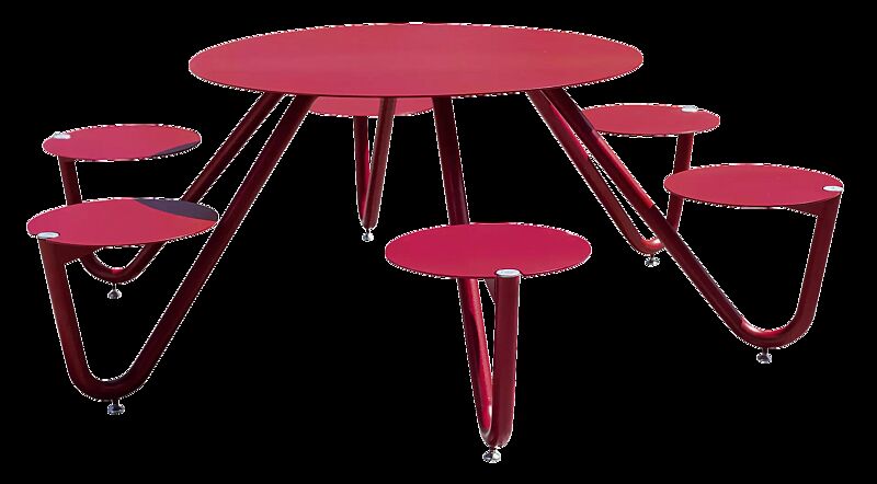 Bank-Tisch-Kombination ORBIT mit rundem Tisch, 6-Sitzer, Aluminium-Auflage und Stahlteile in RAL 3020 verkehrsrot