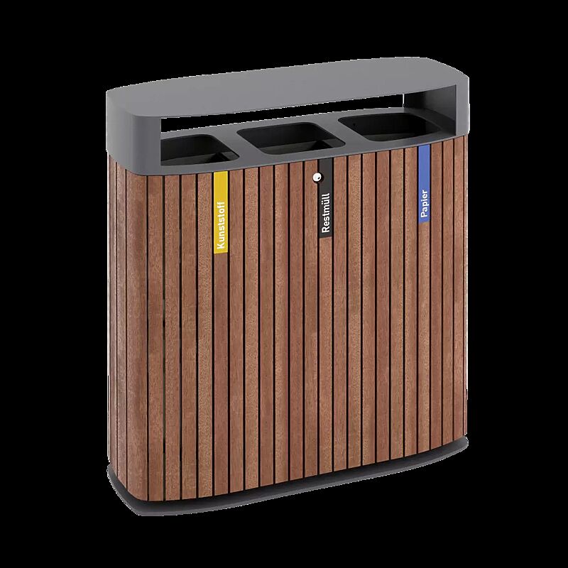 Abfallbehälter MULTIMINIUM, Korpus: Jatobaholzbelattung, Stahlteile und Aluminium-Schutzdach in RAL 7043 verkehrsgrau