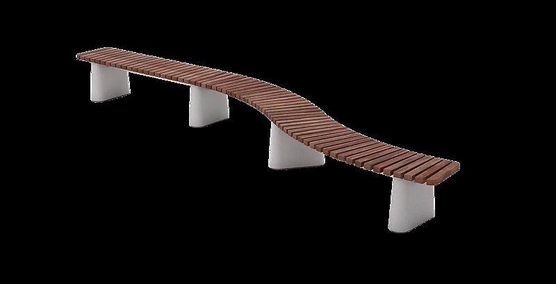 Sitzbank REFORMA ohne Rückenlehne, gerade und gebogen, mit Querbelattung, mit Jatobaholzbelattung, HSC®-Beton in hellgrau