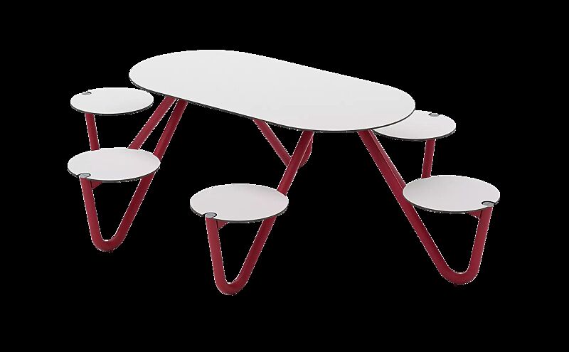 Bank-Tisch-Kombination ORBIT mit ovalem Tisch, 6-Sitzer, HPL-Auflage und Stahlteile in 3020 verkehrsrot
