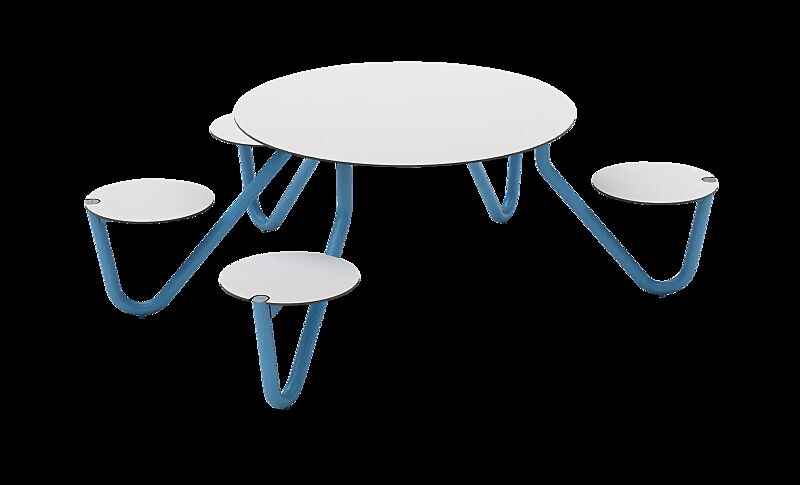 Bank-Tisch-Kombination ORBIT mit rundem Tisch, 5-Sitzer mit HPL-Auflage in RAL 5024 pastellblau
