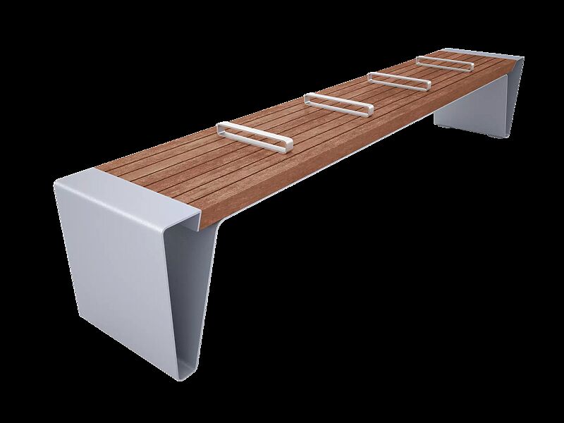 Sitzbank RADIUM ohne Rückenlehne, Sitzfläche mit Edelstahlstreben unterteilt, Breite 2460 mm, mit Jatobaholzbelattung, Stahlteile in RAL 9006 weißaluminium