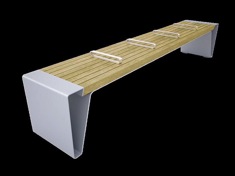 Sitzbank RADIUM ohne Rückenlehne, Sitzfläche mit Edelstahlstreben unterteilt, Breite 2460 mm, mit Robinienholzbelattung, Stahlteile in RAL 9006 weißaluminium