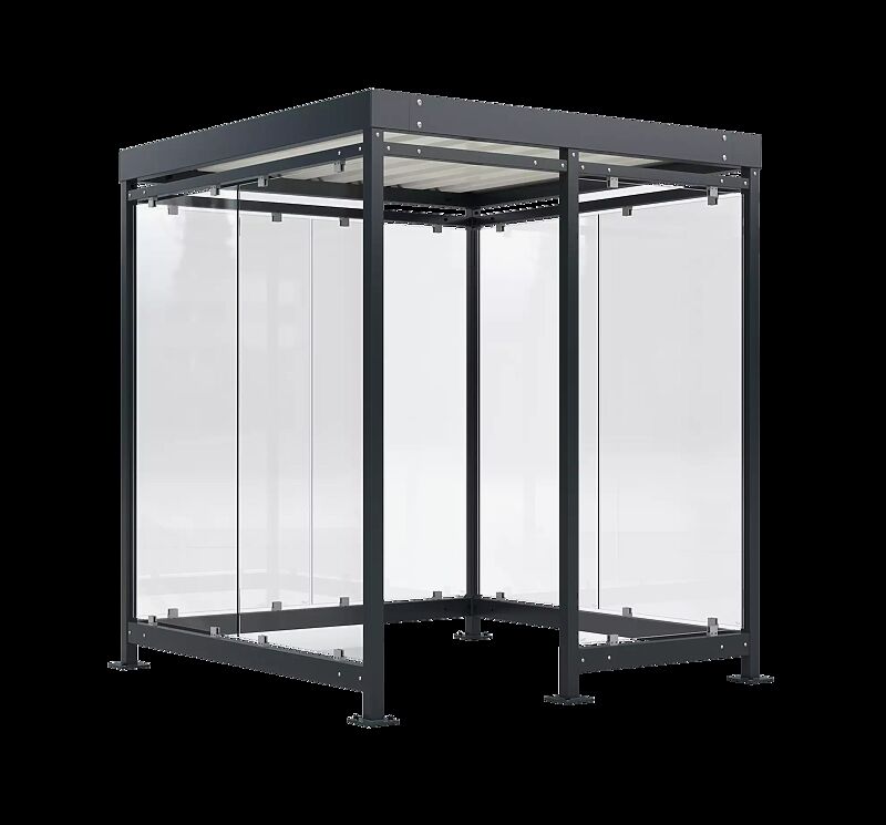 Raucherunterstand BOOTIS, Dachbreite x Dachtiefe 2165 mm x 2165 mm, mit Rück- und Seitenwänden sowie Windschutzwand rechts, Stahlkonstrukion in RAL 7016 anthrazitgrau