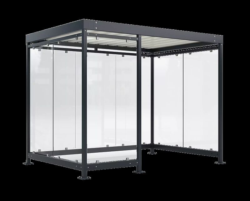 Raucherunterstand BOOTIS, Dachbreite x Dachtiefe 3180 mm x 2165 mm, mit Rück- und Seitenwänden sowie Windschutzwand links, Stahlkonstrukion in RAL 7016 anthrazitgrau