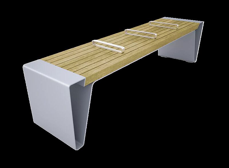 Sitzbank RADIUM ohne Rückenlehne, Sitzfläche mit Edelstahlstreben unterteilt, Breite 2000 mm, mit Robinienholzbelattung, Stahlteile in RAL 9006 weißaluminium