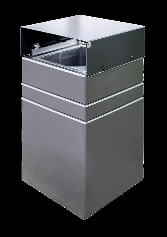 Abfallbehälter BRNO mit Ascher, 40 Liter, mit Schutzdach in RAL 7021 schwarzgrau, Beton beschichtet in grau