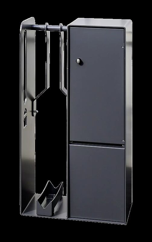 Fahrrad-Abstellanlage VELO-CONNECTOR mit Ladeschließfach, Radeinstellung links, Münzpfandschloss, Stahlteile in RAL 7016 anthrazitgrau