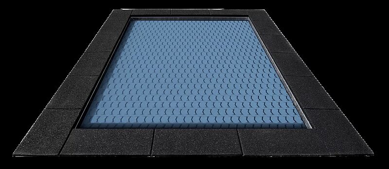 Bodentrampolin BUZO, Umrandung in schwarz, Sprungmatte in RAL 5024 pastellblau