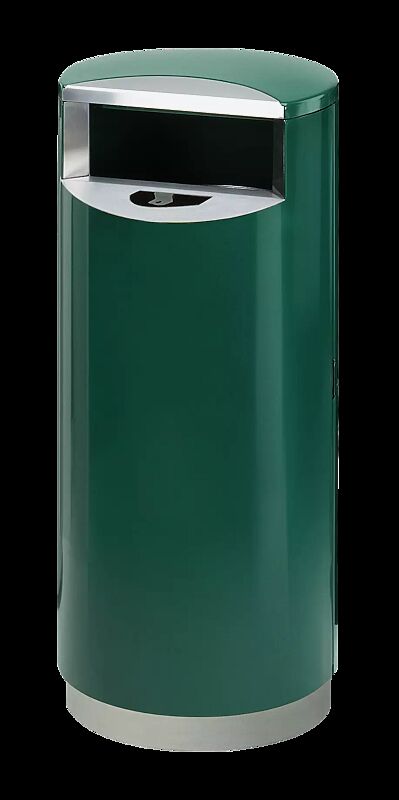 Standbehälter FINBIN CITY aus Stahl, 51 Liter, mit Ascher, zum Aufdübeln mittels Edelstahlsockel, in RAL 6005 moosgrün