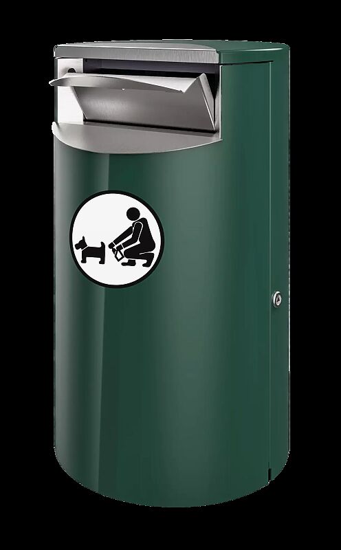 Abfallbehälter FINBIN CITY aus Stahl, 51 Liter, umgerüstet zur Hundetoilette, Hygieneklappe mit Griff aus Edelstahl (Zubehör), zur Wand- bzw. Pfostenbefestigung, in RAL 6005 moosgrün