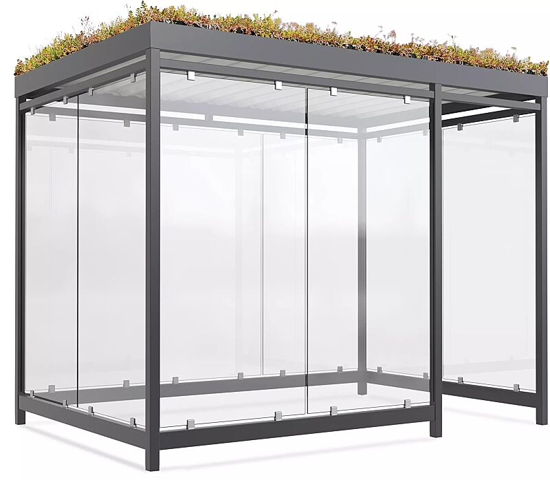 Raucherunterstand LEONIS GREEN, Dachbreite x Dachtiefe 3180 mm x 2165 mm, zum Aufdübeln bei -200 mm, mit Rück-, Seiten- und 2 Windschutzwänden links, Stahlkonstruktion in RAL 7016 anthrazitgrau