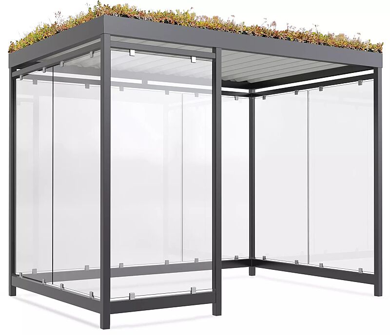 Raucherunterstand AQUILA GREEN, Dachbreite x Dachtiefe 3180 mm x 2165 mm, zum Aufdübeln bei -200 mm, mit Rück- / Seitenwänden sowie Windschutzwand links, Stahlkonstruktion in RAL 7016 anthrazitgrau