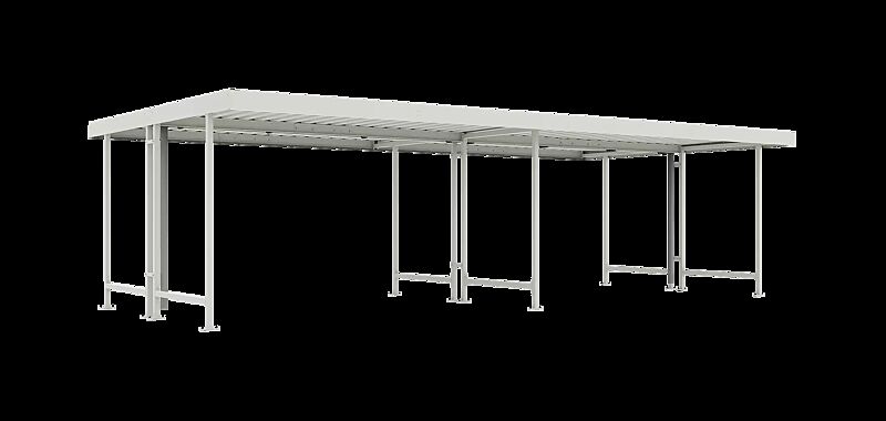 Fahrradüberdachung ARIES, Dachbreite x Dachtiefe 8690 mm x 4400 mm, doppelseitig, ohne Rück- und Seitenwände, Stahlkonstruktion in RAL 9002 grauweiß