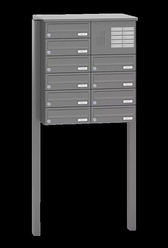 Briefkastenanlage ASTET mit 10 Briefkästen, zum Einbetonieren, mit Sprech- und Klingelfach, in RAL 9007 graualuminium