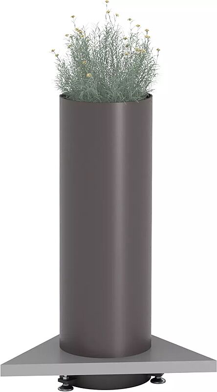 Pflanzbehälter POLYS mit dreieckiger Plattform, mit einem zylindrischen Behälter in RAL 8019 graubraun