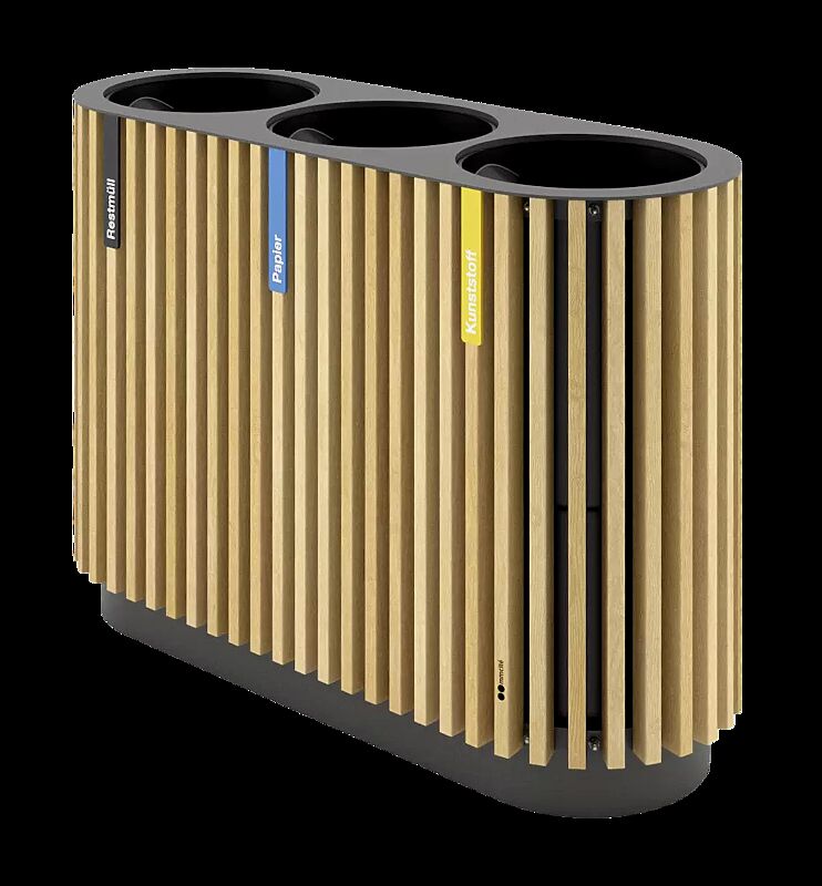 Abfallbehälter QUINBIN TRIO ohne Schutzdach, Korpus: Robinienholzbelattung, Stahlteile in RAL 7016 anthrazitgrau