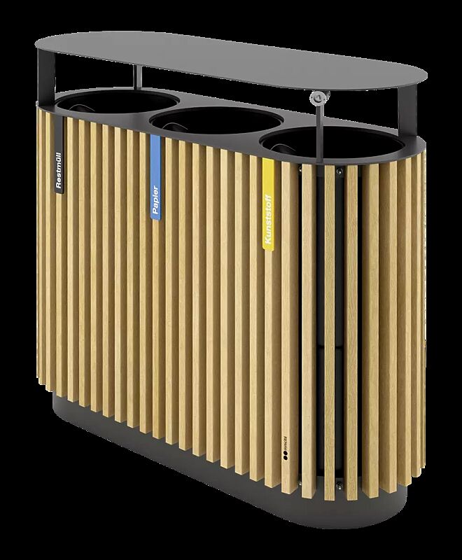 Abfallbehälter QUINBIN TRIO mit Schutzdach, ohne Ascher, Korpus: Robinienholzbelattung, Stahlteile in RAL 7016 anthrazitgrau