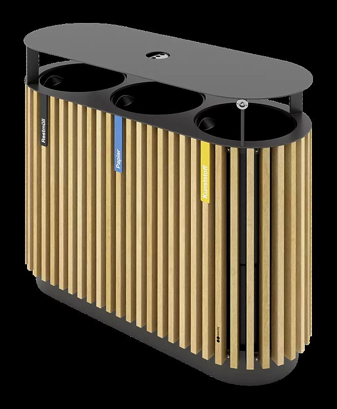 Abfallbehälter QUINBIN TRIO mit Schutzdach, mit Ascher, Korpus: Robinienholzbelattung, Stahlteile in RAL 7016 anthrazitgrau