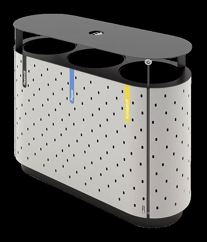 Abfallbehälter QUINBIN TRIO mit Schutzdach, mit Ascher, Korpus: gestanztes Stahlblech, Stahlteile in RAL 7035 lichtgrau und RAL 7016 anthrazitgrau