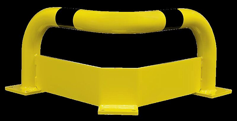 Rammschutzwinkel KEURU zum Aufdübeln, mit Unterfahrschutz, Höhe 350 mm, gelb kunststoffbeschichtet mit schwarzen Signalstreifen