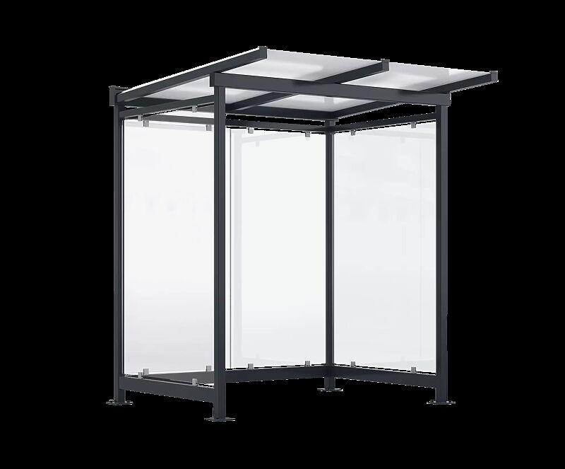 Wartehalle FORNAX, Dachbreite x Dachtiefe 2330 mm x 2065 mm, zum Aufdübeln bei +/- 0 mm, Rück- / Seitenwände ESG, Klarglas, Stahlkonstruktion in RAL 7016 anthrazitgrau