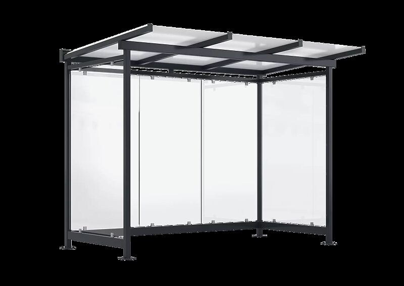 Wartehalle FORNAX, Dachbreite x Dachtiefe 3305 mm x 2065 mm, zum Aufdübeln bei +/- 0 mm, Rück- / Seitenwände ESG, Klarglas, Stahlkonstruktion in RAL 7016 anthrazitgrau