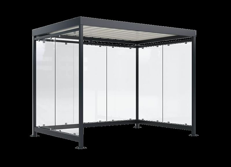 Fahrradüberdachung AQUILA, Dachbreite x Dachtiefe 4195 mm x 2165 mm, zum Aufdübeln bei +/- 0 mm, Rück- / Seitenwände ESG, Klarglas, Stahlkonstruktion in RAL 7016 anthrazitgrau