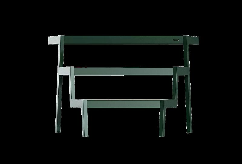 Tribünenbank ESPRIT, gewinkelt 30°, modular erweiterbar, Stahlteile in RAL 6005 moosgrün