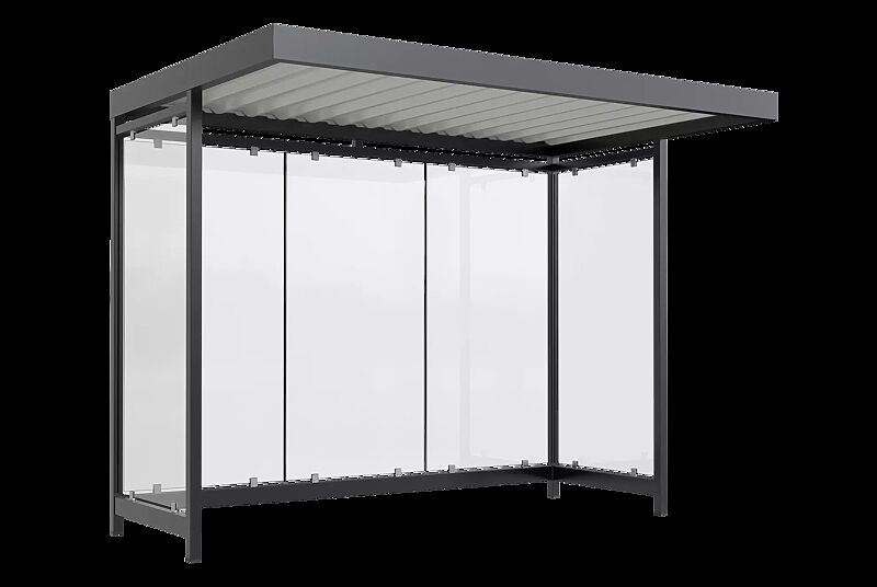 Wartehalle LEONIS, Dachbreite x Dachtiefe 3180 mm x 2165 mm, zum Aufdübeln bei +/- 0 mm, mit Rück- / Seitenwänden, Stahlkonstruktion in RAL 7016 anthrazitgrau