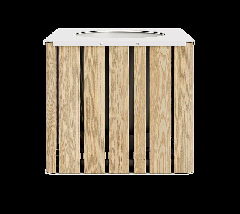 Pflanzbehälter MANTUA, 25 Liter, Aluminium in natürlichem Eschenholzoptik-Effekt, Stahlteile in RAL 9003 signalweiß