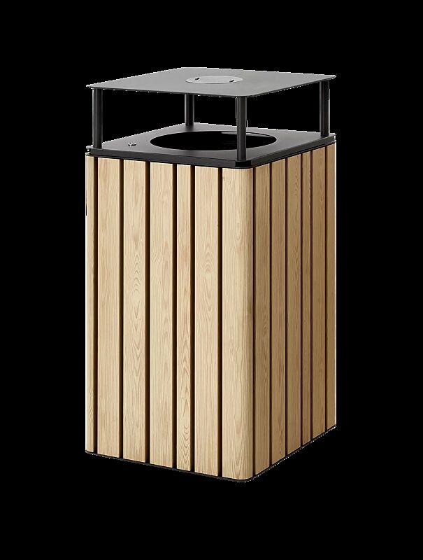 Abfallbehälter MANTUA mit Schutzdach, Aluminium in natürlichem Eschenholzoptik-Effekt, Stahlteile in eisenglimmergrau